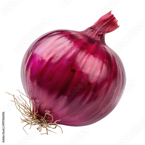 A large red onion with a stem