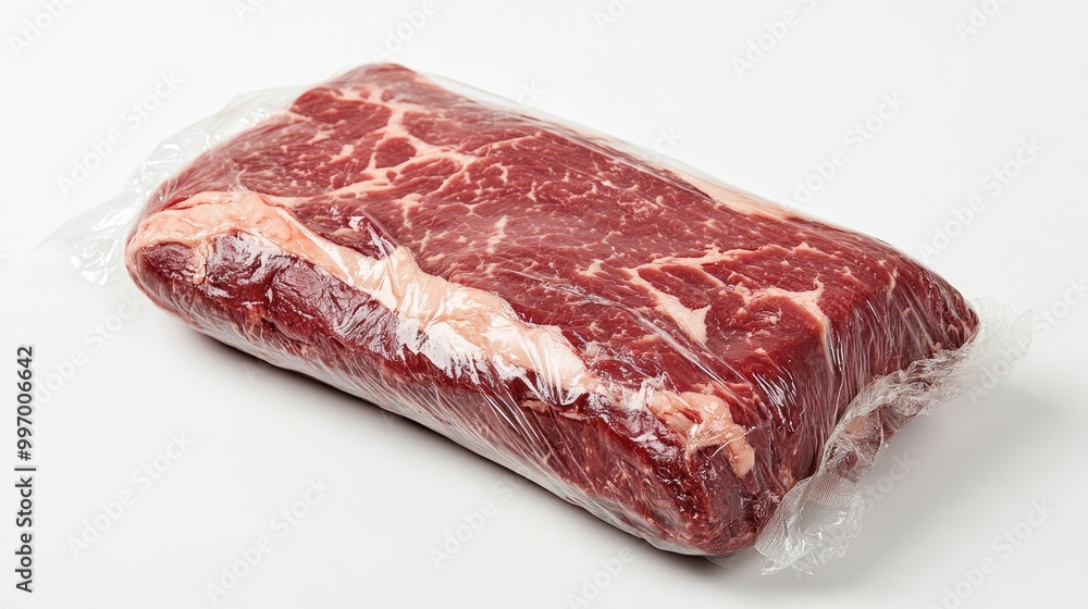Fototapeta premium A premium chuck cut wrapped in plastic, displayed on a white background, emphasizing its freshness and perfect marbling for meat lovers.