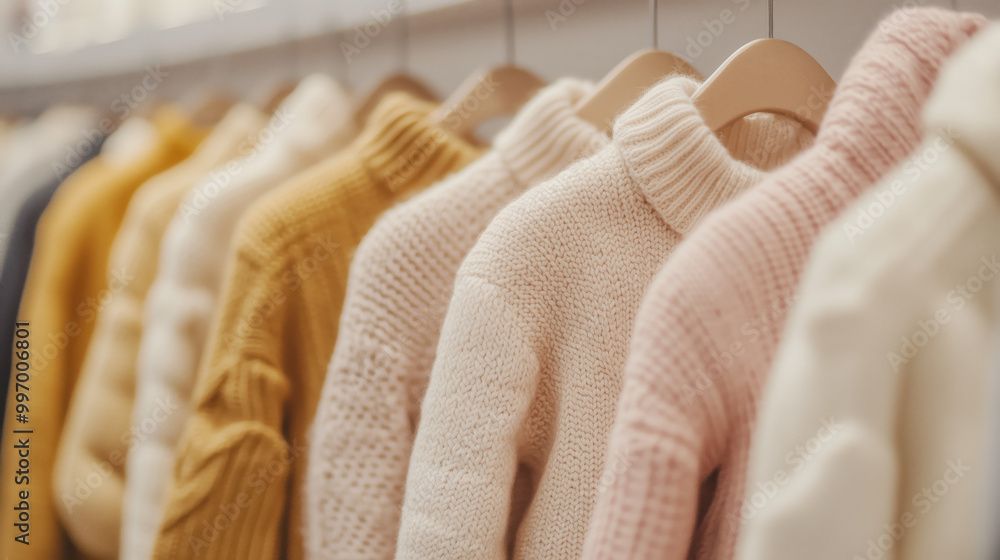 Obraz premium Cozy white neutral color children's sweaters, jackets, coats hanging in a retail store shop for fall winter back to school concept. fall school semester background