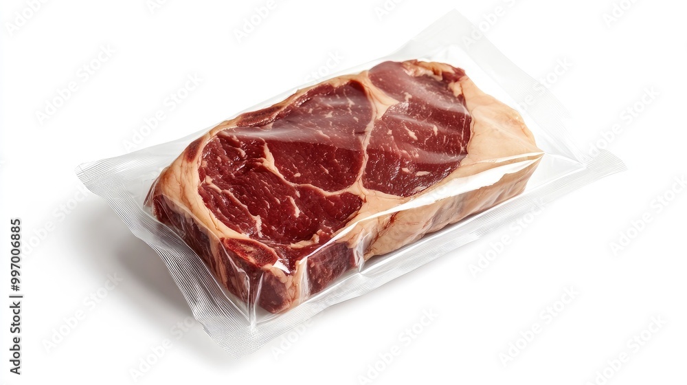 A premium ribeye steak sealed in transparent packaging, displayed against a white background, showcasing marbling and freshness perfect for retail or food presentation. A premium ribeye steak sealed in transparent packaging, displayed against a white background, showcasing marbling and freshness perfect for retail or food presentation.