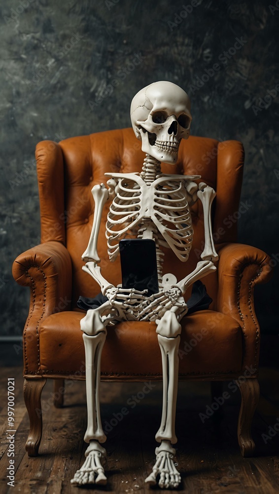 Skeleton with a smartphone sitting in an armchair, symbolizing waiting. Skeleton with a smartphone sitting in an armchair, symbolizing waiting.
