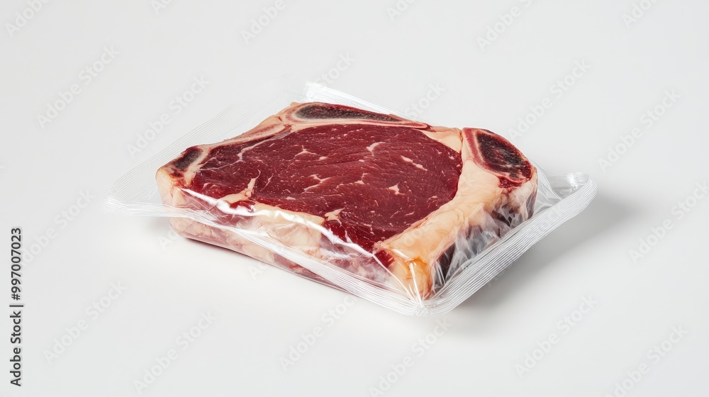 A premium ribeye steak sealed in transparent packaging, displayed against a white background, showcasing marbling and freshness perfect for retail or food presentation. A premium ribeye steak sealed in transparent packaging, displayed against a white background, showcasing marbling and freshness perfect for retail or food presentation.