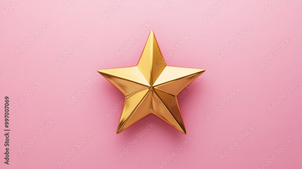 Fototapeta premium A shiny golden star rests atop a soft pink surface, showcasing its sleek design and geometric features, creating a striking visual contrast amidst a playful backdrop.
