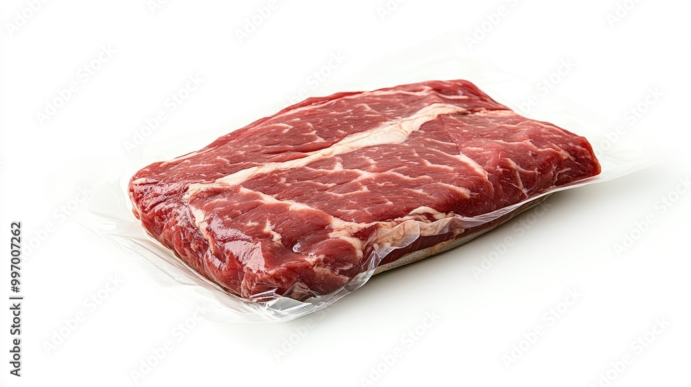 Fototapeta premium A premium tri-tip cut sealed in vacuum packaging, displayed on a white background, showcasing its marbling and freshness for retail or butcher displays.