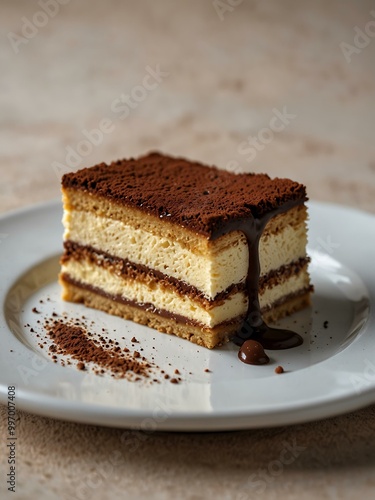 Slice of traditional Italian tiramisu on a white backdrop.