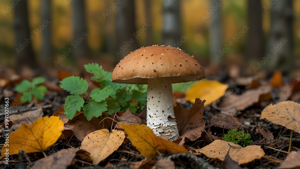 Small birch bolete mushroom among orange and brown leaves in autumn. Small birch bolete mushroom among orange and brown leaves in autumn.