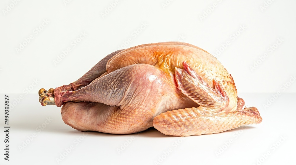 A raw whole turkey placed on a clean white background, ready for preparation, emphasizing its size and freshness for holiday cooking. A raw whole turkey placed on a clean white background, ready for preparation, emphasizing its size and freshness for holiday cooking.