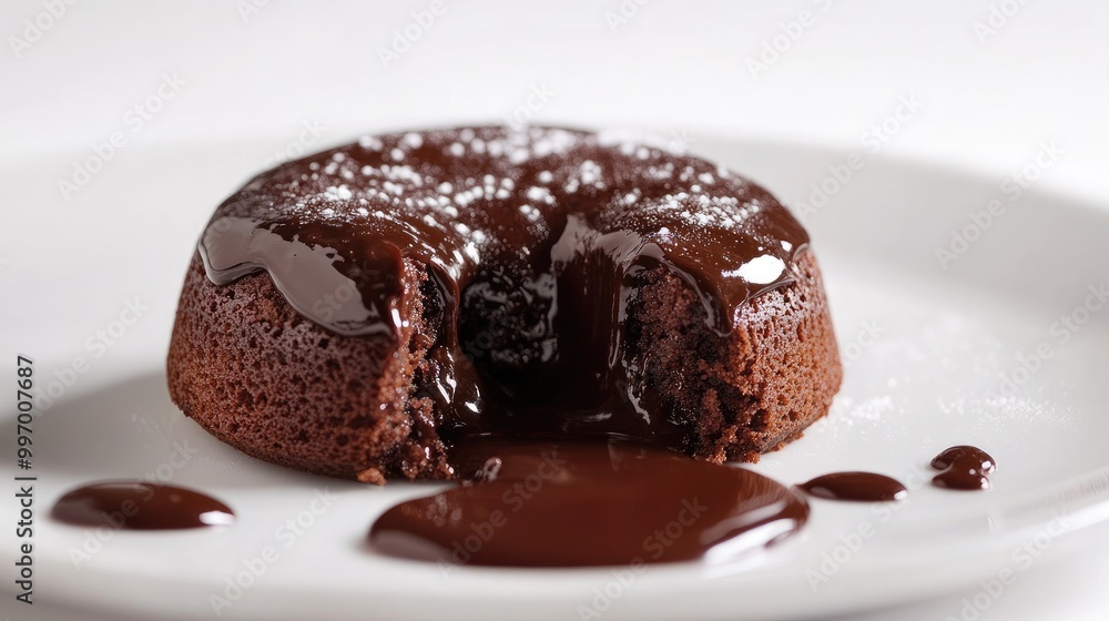 A rich chocolate lava cake with molten center oozing out, placed on a plate with a white background, capturing the decadence of this classic dessert. A rich chocolate lava cake with molten center oozing out, placed on a plate with a white background, capturing the decadence of this classic dessert.