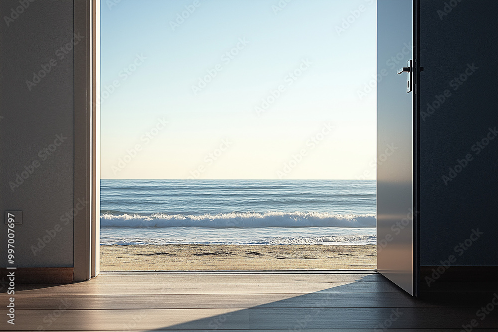 Fototapeta premium Minimalist Aluminum Door Opens to Quiet Beach, Gentle Waves Lapping at Pristine Sand
