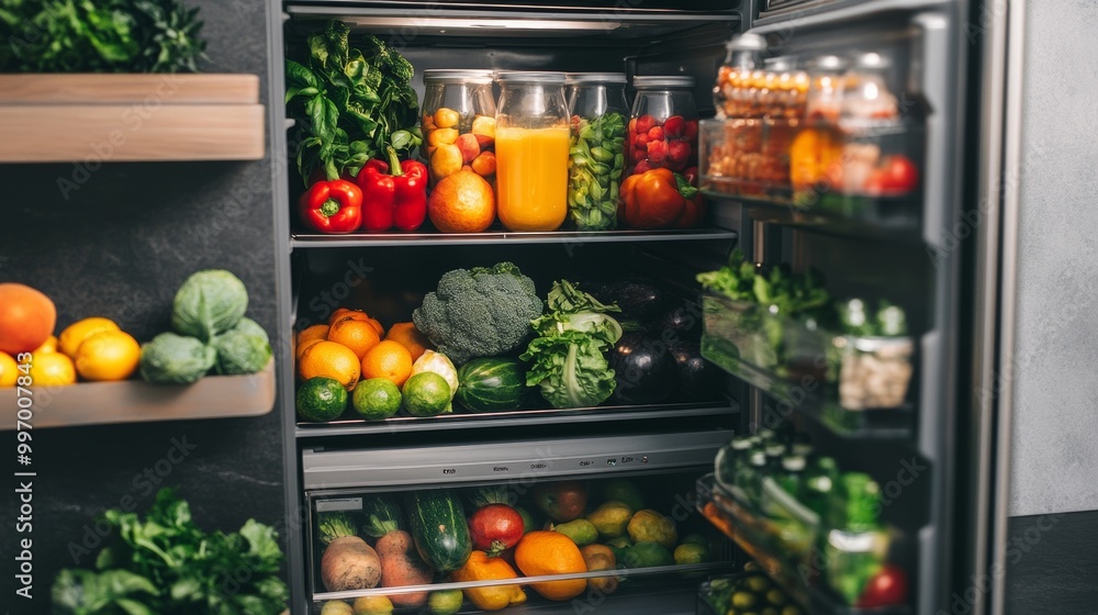 open fridge with fresh fruits and vegetables. refrigerator with healthy food. open fridge with fresh fruits and vegetables. refrigerator with healthy food.