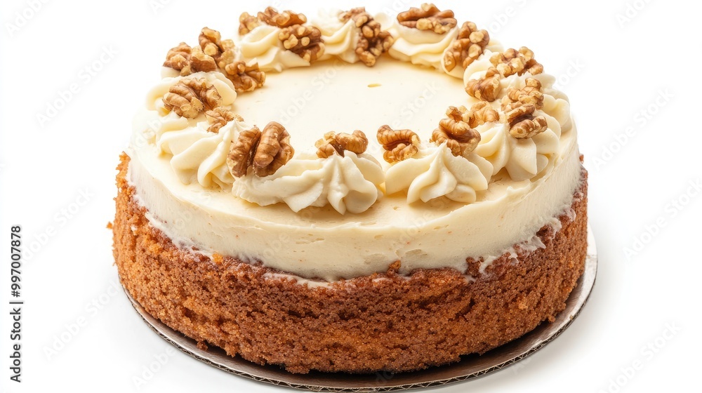 A round carrot cake with cream cheese frosting and walnuts on top, centered against a clean white background, showcasing a homemade dessert feel. A round carrot cake with cream cheese frosting and walnuts on top, centered against a clean white background, showcasing a homemade dessert feel.