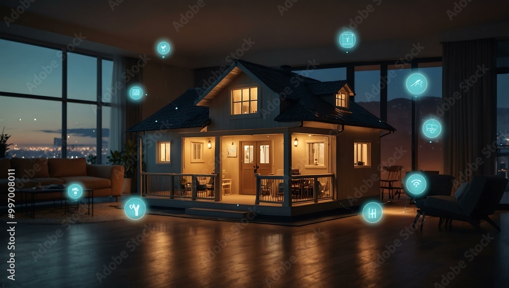 Smart home technology is depicted with icons for security and energy control. Smart home technology is depicted with icons for security and energy control.