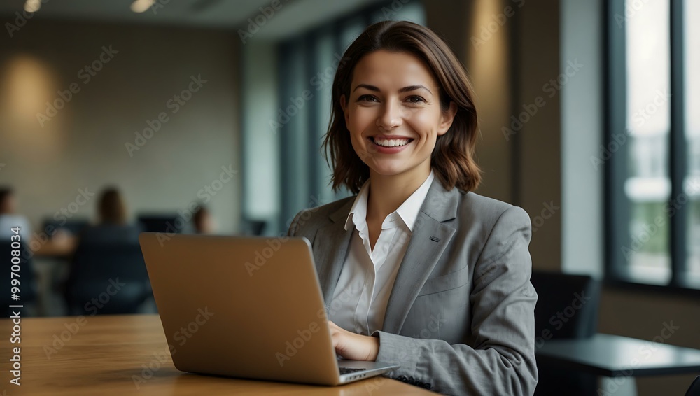 Smiling businesswoman using a laptop in a modern conference room. Smiling businesswoman using a laptop in a modern conference room.