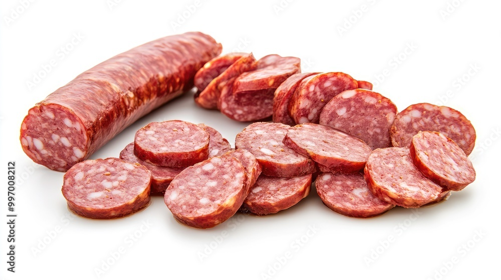A single gourmet sausage sliced into bite-sized pieces, arranged on a white background, showcasing its juicy interior and perfect for food presentations. A single gourmet sausage sliced into bite-sized pieces, arranged on a white background, showcasing its juicy interior and perfect for food presentations.