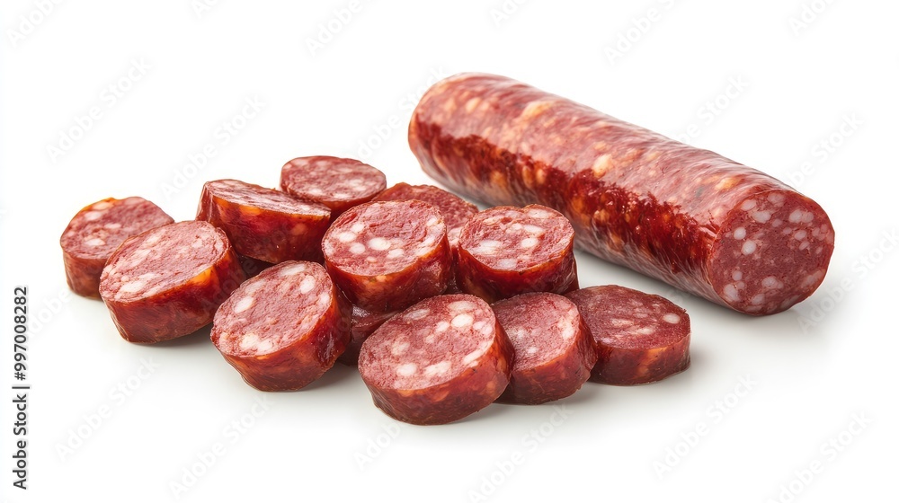 A single gourmet sausage sliced into bite-sized pieces, arranged on a white background, showcasing its juicy interior and perfect for food presentations. A single gourmet sausage sliced into bite-sized pieces, arranged on a white background, showcasing its juicy interior and perfect for food presentations.