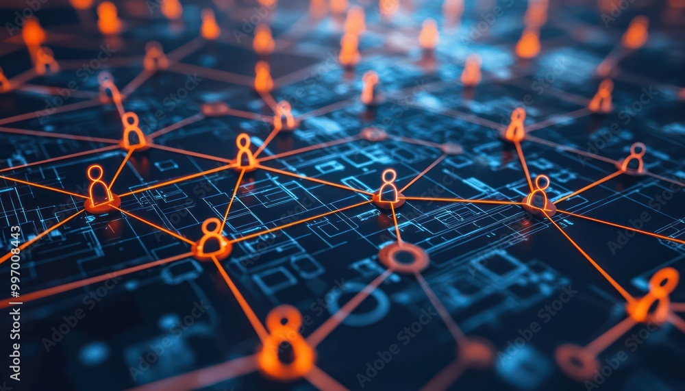 A closeup on blockchain nodes powering a social network, where viral content and profiles converge. A closeup on blockchain nodes powering a social network, where viral content and profiles converge.