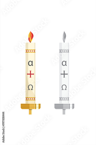 Line illustration of a large Paschal wax candle in a candlestick on a white background. Used in liturgies in Western Christianity. Colour and black.