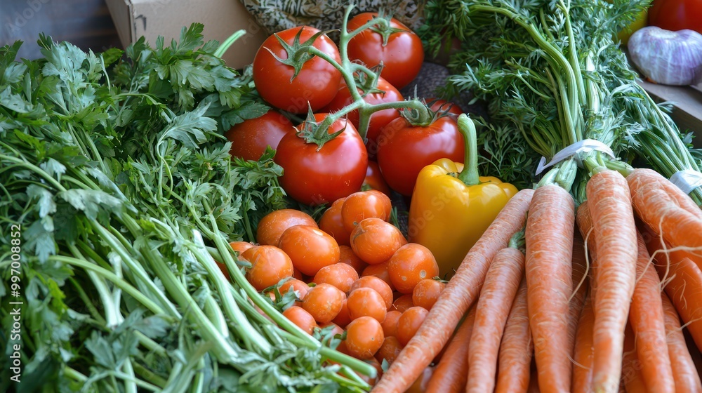 A colorful and fresh array of vegetables including carrots, tomatoes, and peppers, ready for a healthy meal preparation. A colorful and fresh array of vegetables including carrots, tomatoes, and peppers, ready for a healthy meal preparation.