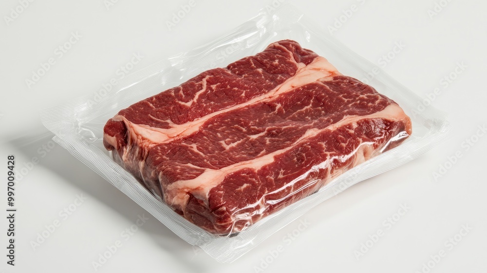 A well-marbled chuck steak packaged in plastic, arranged on a clean white background, highlighting its quality and ready-for-sale condition. A well-marbled chuck steak packaged in plastic, arranged on a clean white background, highlighting its quality and ready-for-sale condition.