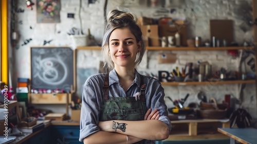 A young woman stands confidently in a creative workshop, surrounded by tools and materials.