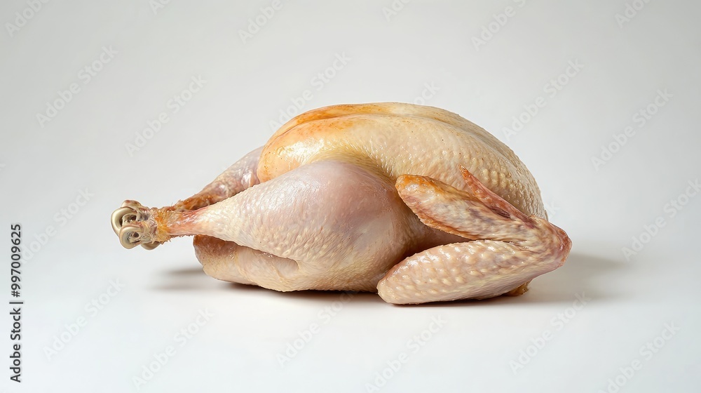 A whole chicken ready for roasting, displayed on a white background, highlighting its size and freshness for meal preparation visuals. A whole chicken ready for roasting, displayed on a white background, highlighting its size and freshness for meal preparation visuals.