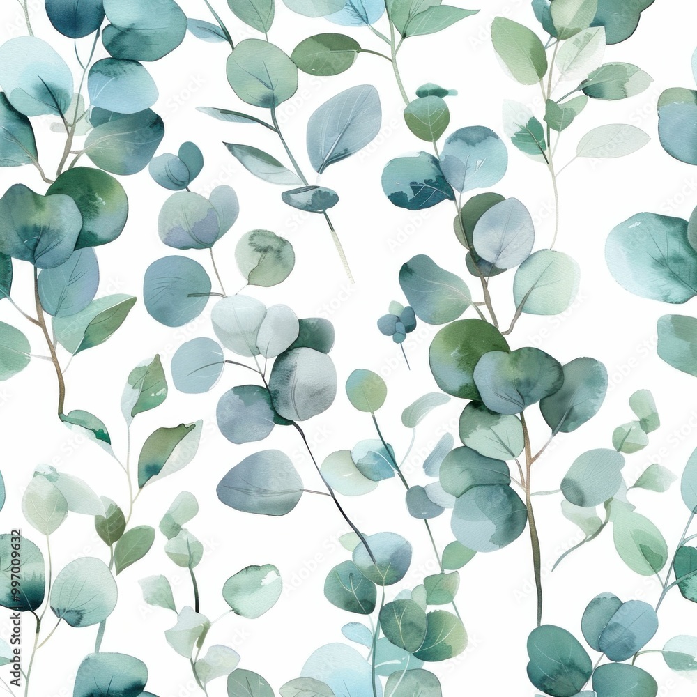 Obraz premium Elegant green leaves pattern on a white background, creating a fresh and calming atmosphere with various shapes and shades of green