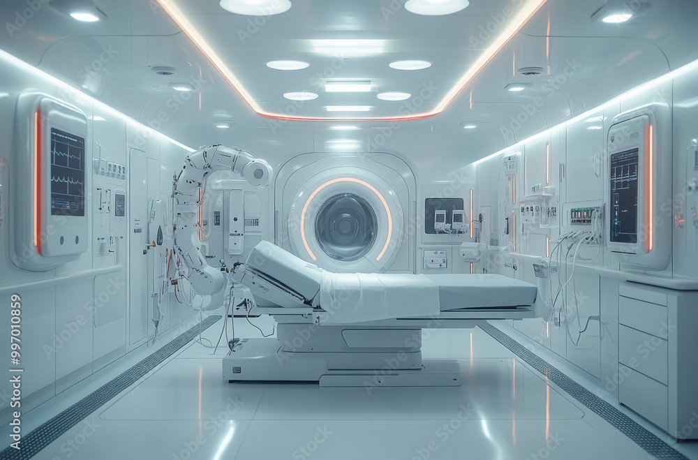 Futuristic hospital operating room featuring robotic arms and advanced technology in a modern clean environment Futuristic hospital operating room featuring robotic arms and advanced technology in a modern clean environment
