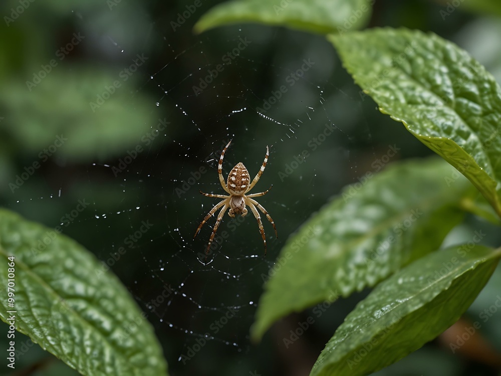 Spider weaving a web among green leaves. Spider weaving a web among green leaves.