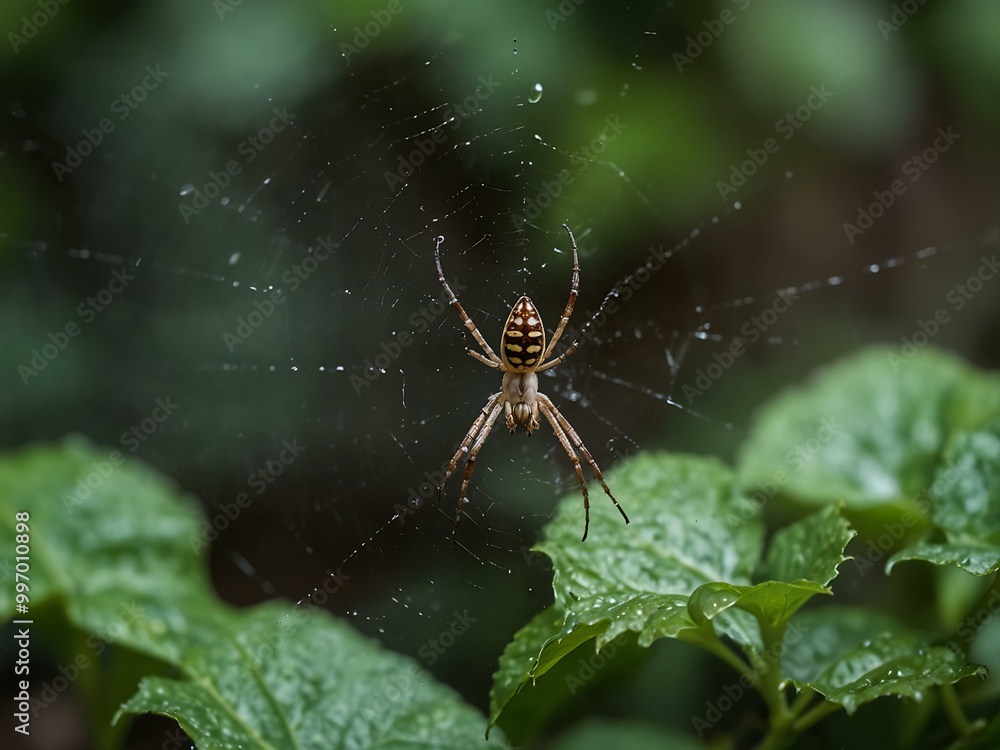 Spider weaving a web among green leaves. Spider weaving a web among green leaves.