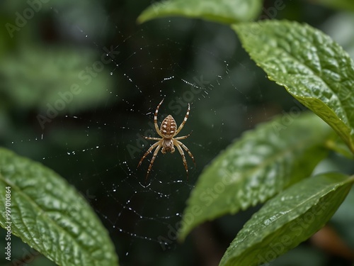 Spider weaving a web among green leaves. photo