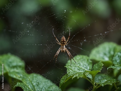 Spider weaving a web among green leaves.