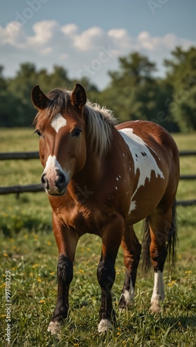 Spotted pony grazing in a pasture.