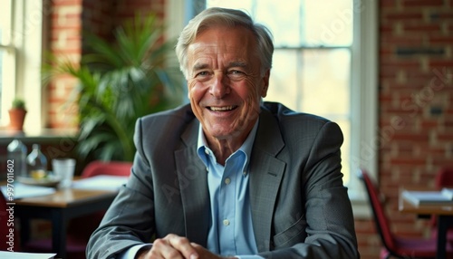 Get out the vote .A man in a suit and tie is smiling and wearing an American flag lapel pin photo