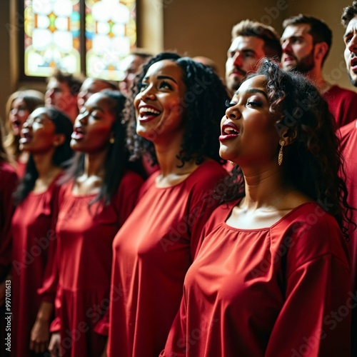 Gospel choir group with their typical tunics, choral singing inside a church.