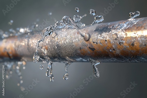 A detailed depiction of a broken water pipe with water leaking from a joint, focusing on the immediate need for plumbing repairs.