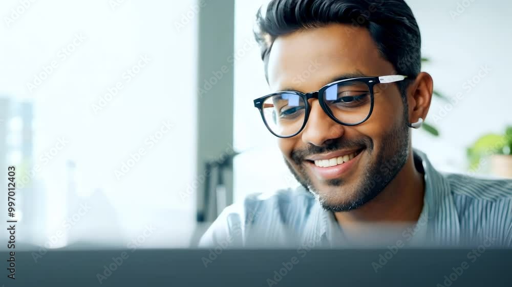 Businessman smiling while working on a laptop in a modern office setting, showcasing a professional and cheerful atmosphere Businessman smiling while working on a laptop in a modern office setting, showcasing a professional and cheerful atmosphere