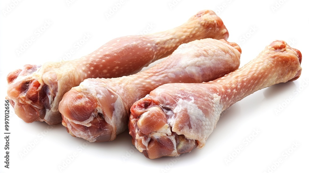 Close-up of raw turkey drumsticks placed on a white background, perfect for showcasing high-quality poultry for meal preparation. Close-up of raw turkey drumsticks placed on a white background, perfect for showcasing high-quality poultry for meal preparation.