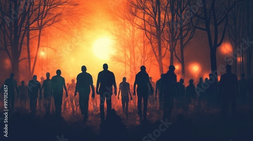 Horror silhouette of a scary group of zombies against a dramatic evening sky background wallpaper AI generated image