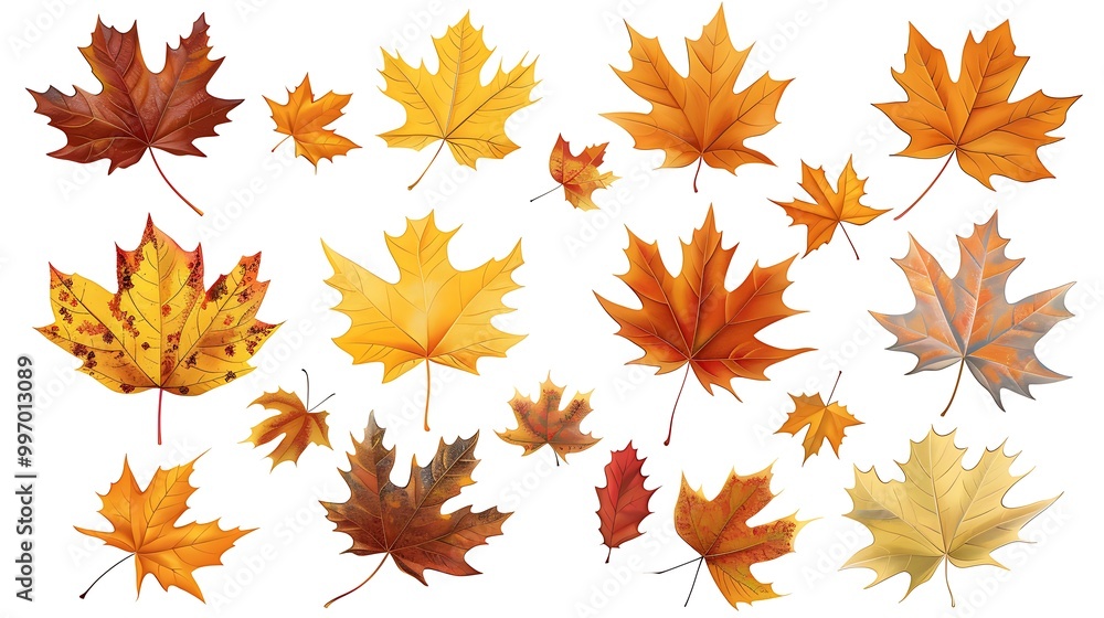 Fototapeta premium Fall and autumn leaves isolated on a white background collection Aİ Generative