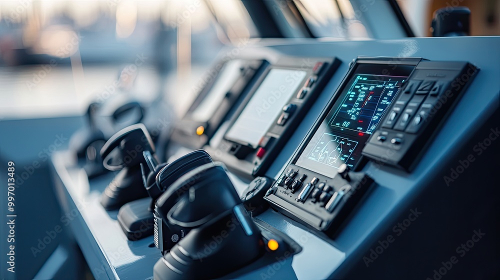 Detailed view of a boat control console, featuring dials, switches, and electronic displays, perfect for showcasing marine navigation technology.