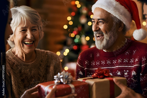 Happy, smiling diverse group of friends exchanging christmas gifts, presents, cheerful mature people celebrating christmas, new year eve, having fun on a festive home party.