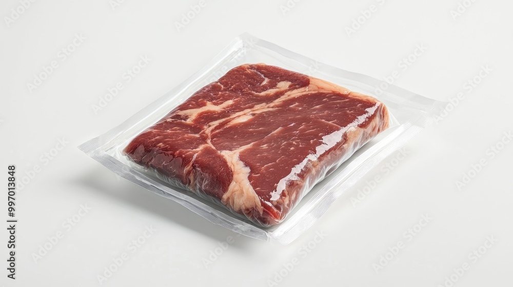 Flank steak sealed in vacuum packaging, set on a white background, highlighting its marbling and freshness for retail display. Flank steak sealed in vacuum packaging, set on a white background, highlighting its marbling and freshness for retail display.