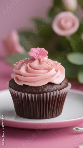 A chocolate cupcake with pink frosting on a pink tablecloth surrounded by flowers in a vase.