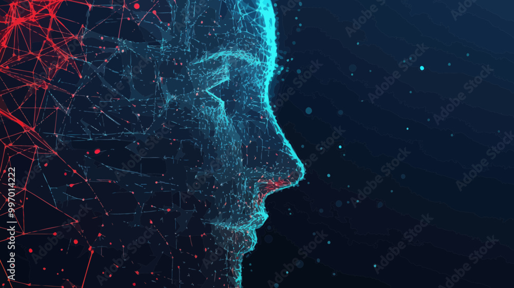 Futuristic 3D Polygonal Face Recognition Banner with Low Poly Wireframe and Connected Dots for Smart Identification Technology Futuristic 3D Polygonal Face Recognition Banner with Low Poly Wireframe and Connected Dots for Smart Identification Technology