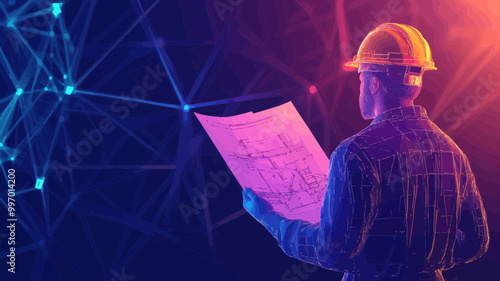 Architect Engineer in Hard Hat Examining Blueprint for Gas Drilling Site Construction Petroleum Industry Low Poly Wireframe Vector Illustration