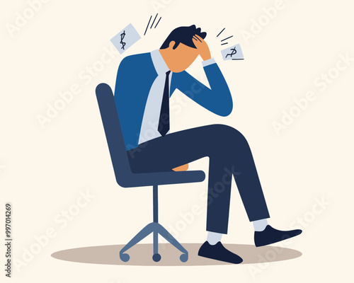 Frustrated Businessman Regretting Financial Mistake in Flat Minimalist Style, Business Failure Anxiety and Stress Concept Vector Illustration
