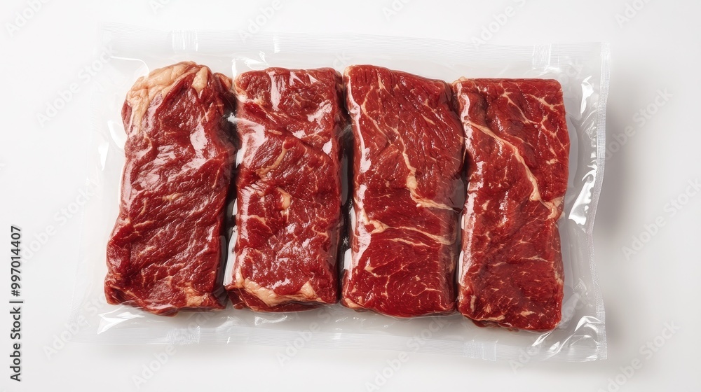 Fresh flank steak in vacuum-sealed packaging, arranged on a white background, highlighting its quality and ready-for-sale appeal. Fresh flank steak in vacuum-sealed packaging, arranged on a white background, highlighting its quality and ready-for-sale appeal.