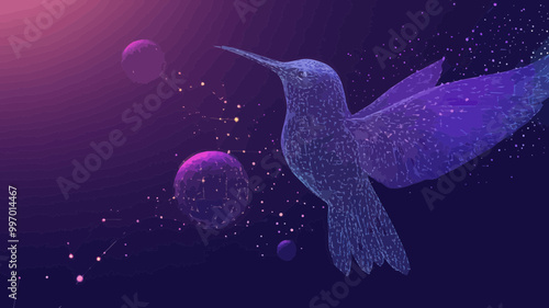 Abstract Colibri in Starry Sky, Minimalist SVG Vector, Cosmic Universe, Wireframe Hummingbird with Planets and Stars, Unique Space Concept Illustration, Points Lines Shapes, Futuristic Digital Art