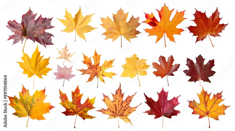 Fototapeta premium Colorful Autumn falling leaves isolated on transparent background. Ai Generative 