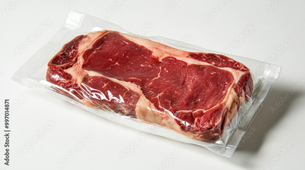 Fresh ribeye steak, neatly packed in plastic wrap with visible marbling, displayed on a simple white background, highlighting product freshness. Fresh ribeye steak, neatly packed in plastic wrap with visible marbling, displayed on a simple white background, highlighting product freshness.